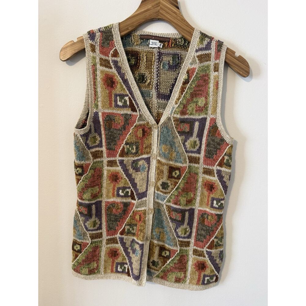 Peruvian Connection Pima Cotton Knit Sweater Vest Geometric Artsy Oatmeal XS